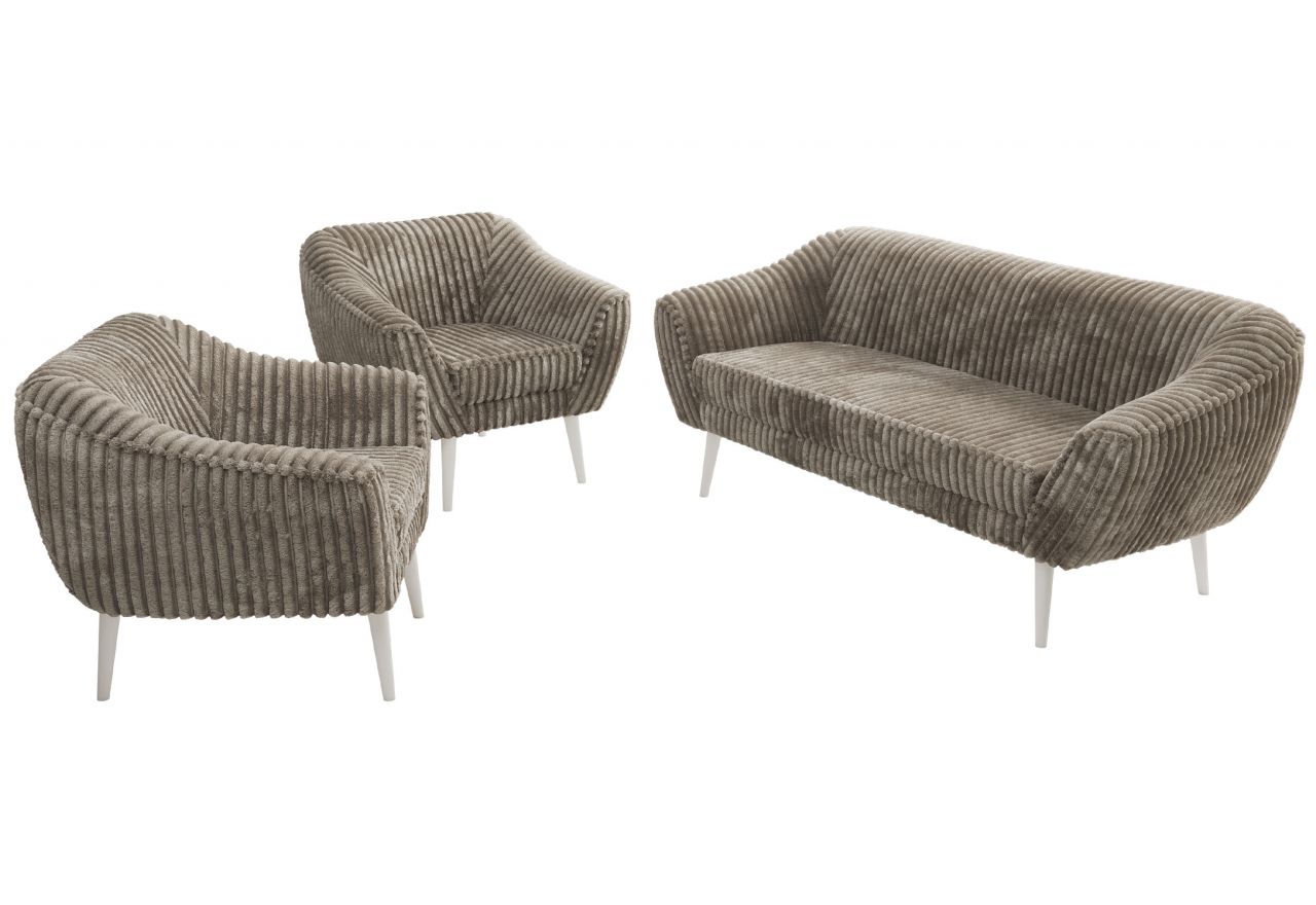 Zestaw PIRS 3+1+1 - jasnobrązowy, sztruks - nóżki,  biały