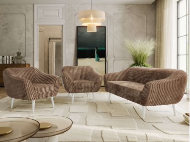 Zestaw PIRS 3+1+1 - brązowy, sztruks - nóżki,  biały