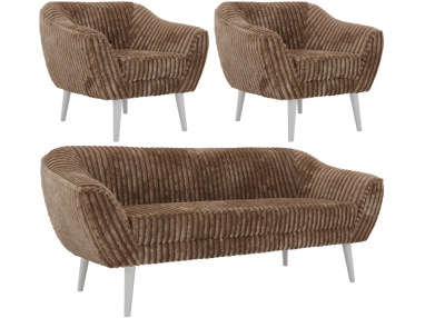 Zestaw PIRS 3+1+1 - brązowy, sztruks - nóżki,  biały