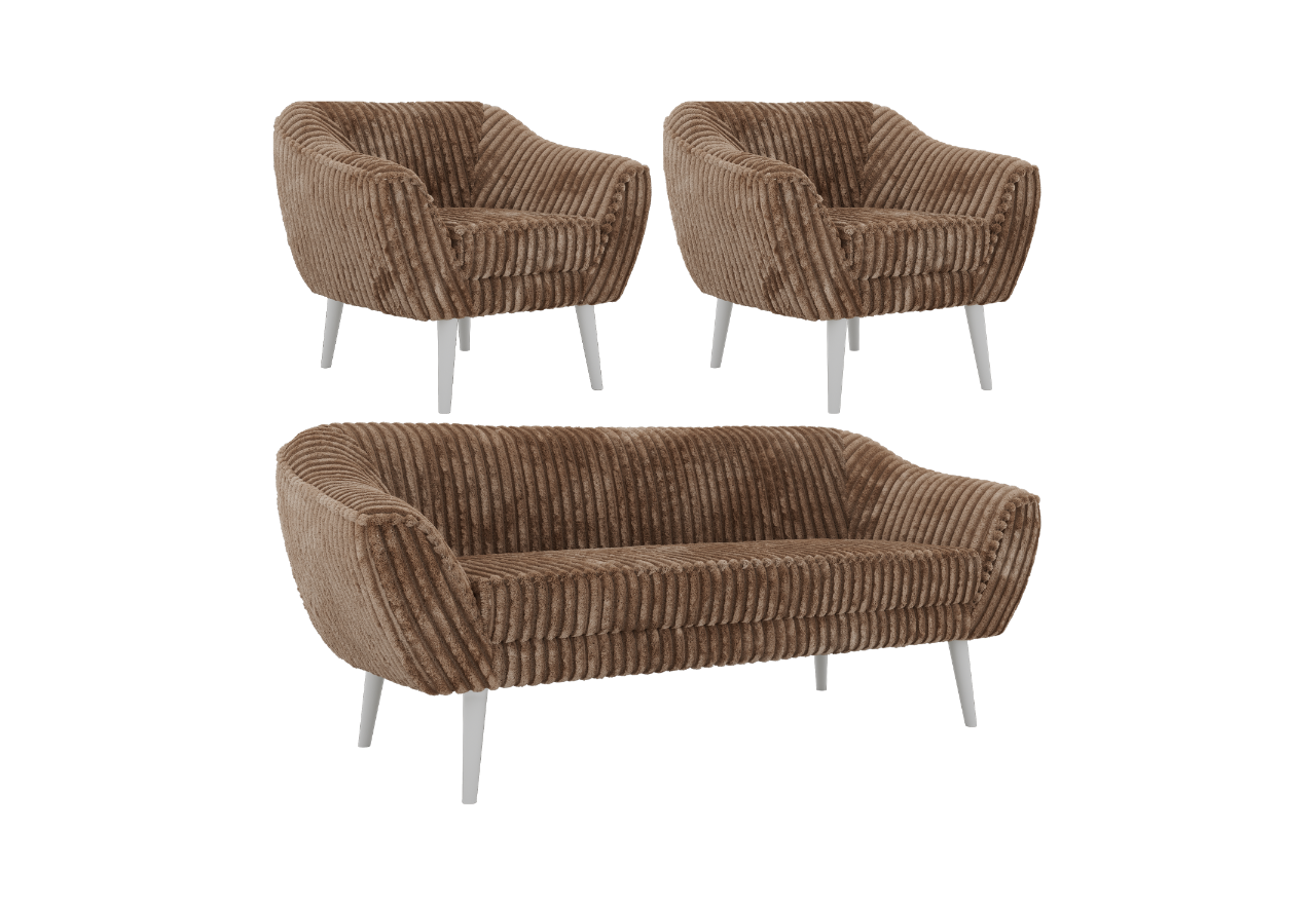 Zestaw PIRS 3+1+1 - brązowy, sztruks - nóżki,  biały