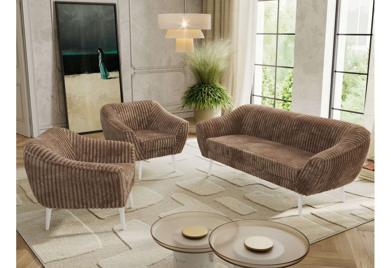 Zestaw PIRS 3+1+1 - brązowy, sztruks - nóżki,  biały