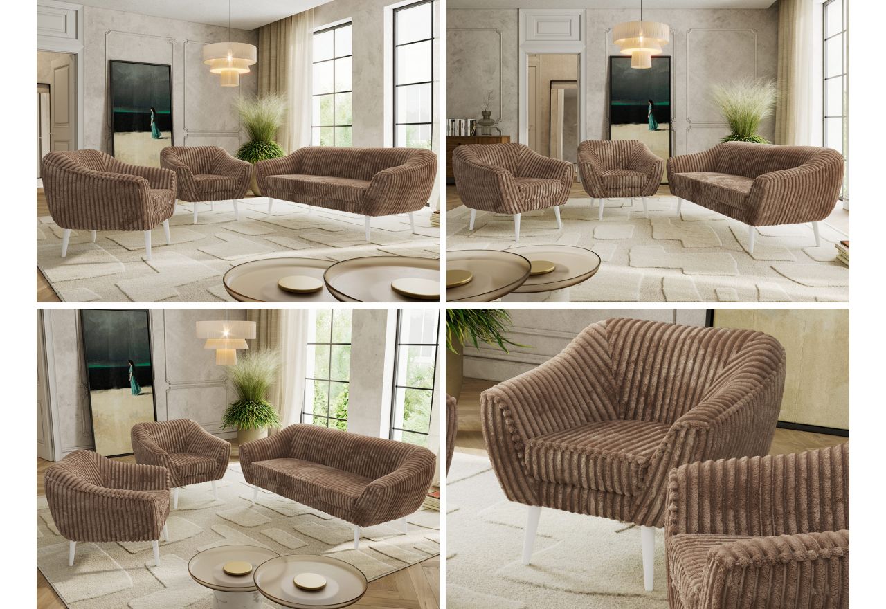 Zestaw PIRS 3+1+1 - brązowy, sztruks - nóżki,  biały