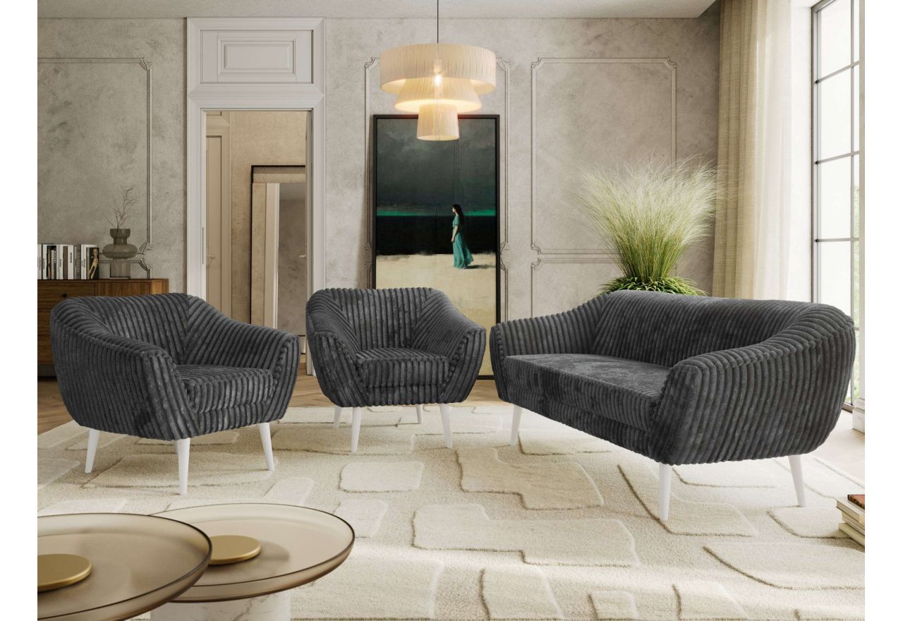 Zestaw PIRS 3+1+1 - szary, sztruks - nóżki,  biały