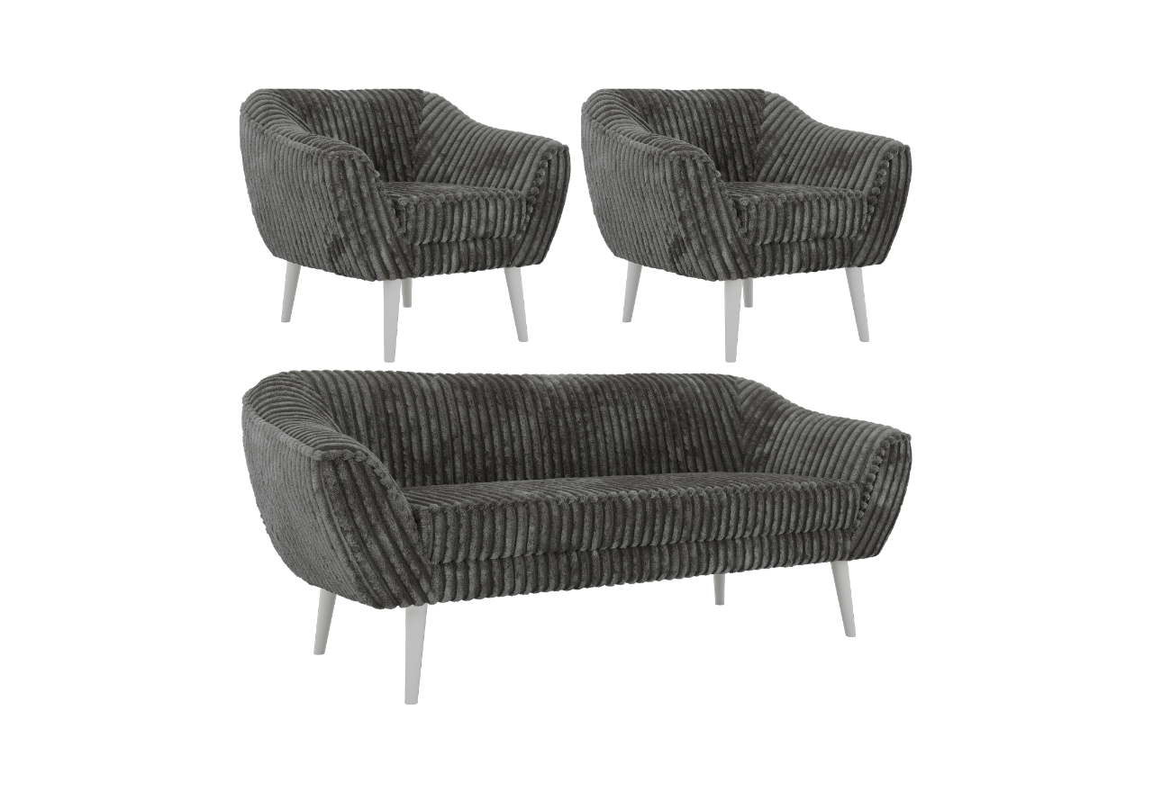 Zestaw PIRS 3+1+1 - szary, sztruks - nóżki,  biały