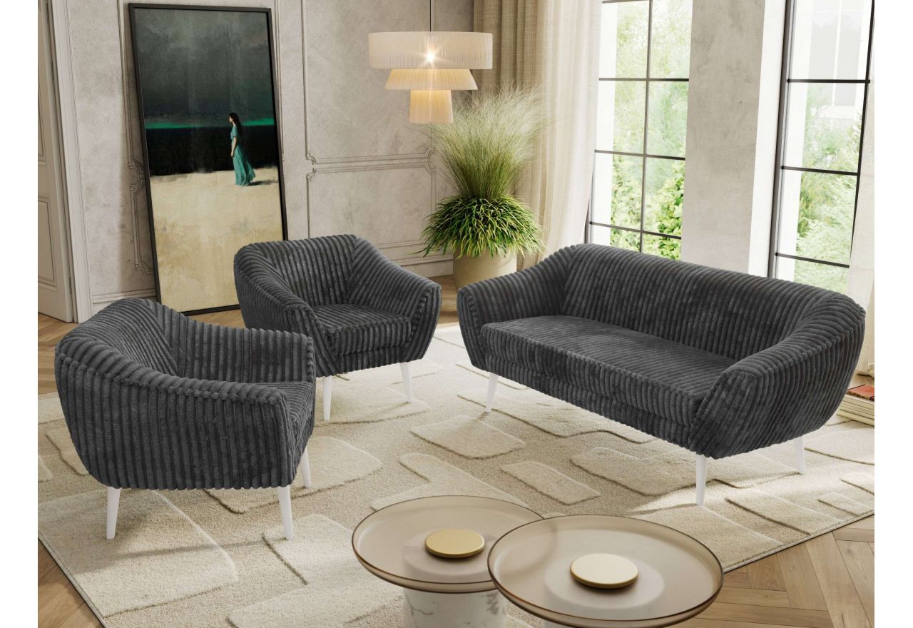 Zestaw PIRS 3+1+1 - szary, sztruks - nóżki,  biały