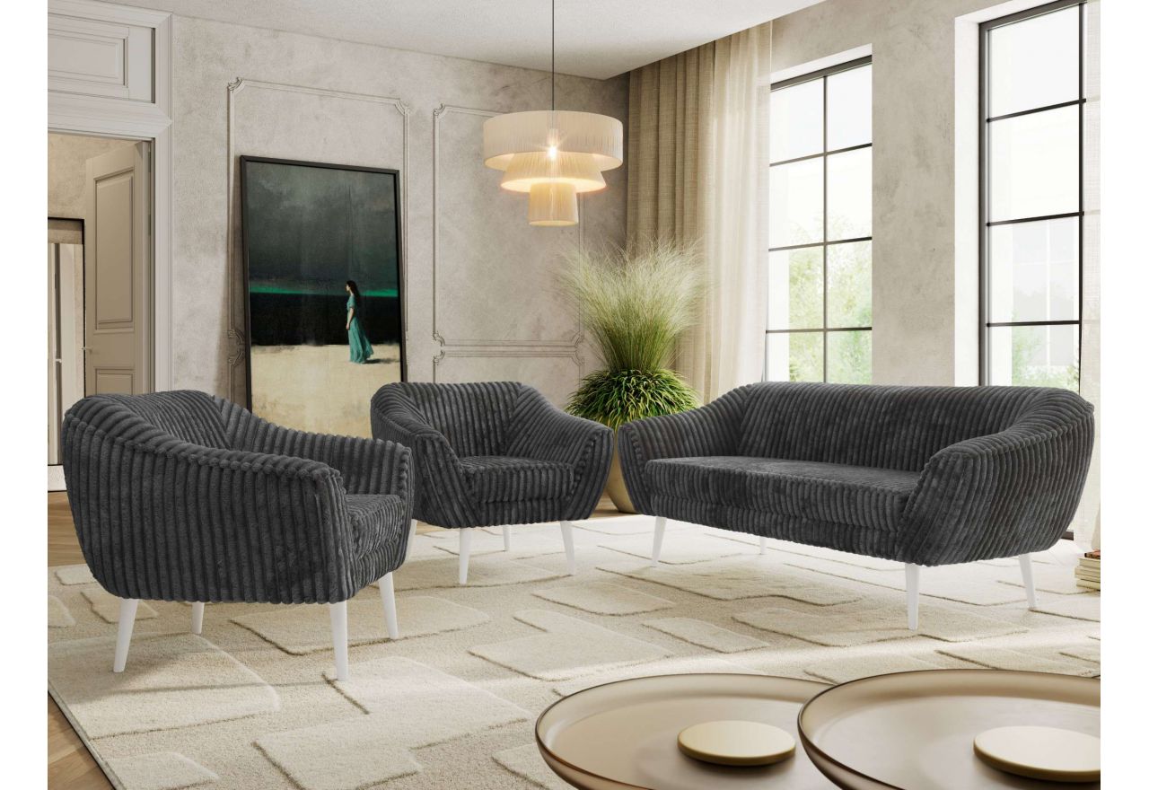 Zestaw PIRS 3+1+1 - szary, sztruks - nóżki,  biały