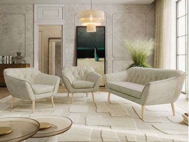 Zestaw PIRS 3+1+1 - kremowy, welwet - nóżki,  buk