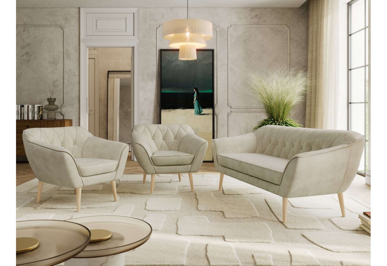 Zestaw PIRS 3+1+1 - kremowy, welwet - nóżki,  buk