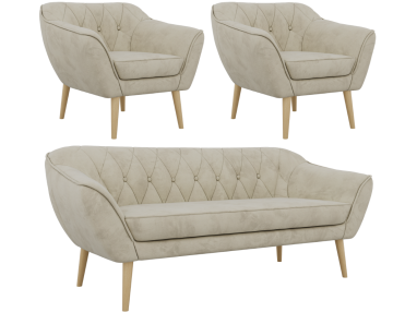 Zestaw PIRS 3+1+1 - kremowy, welwet - nóżki,  buk