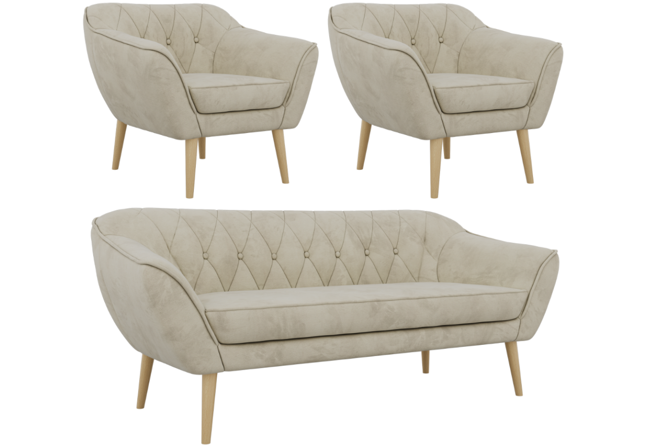 Zestaw PIRS 3+1+1 - kremowy, welwet - nóżki,  buk