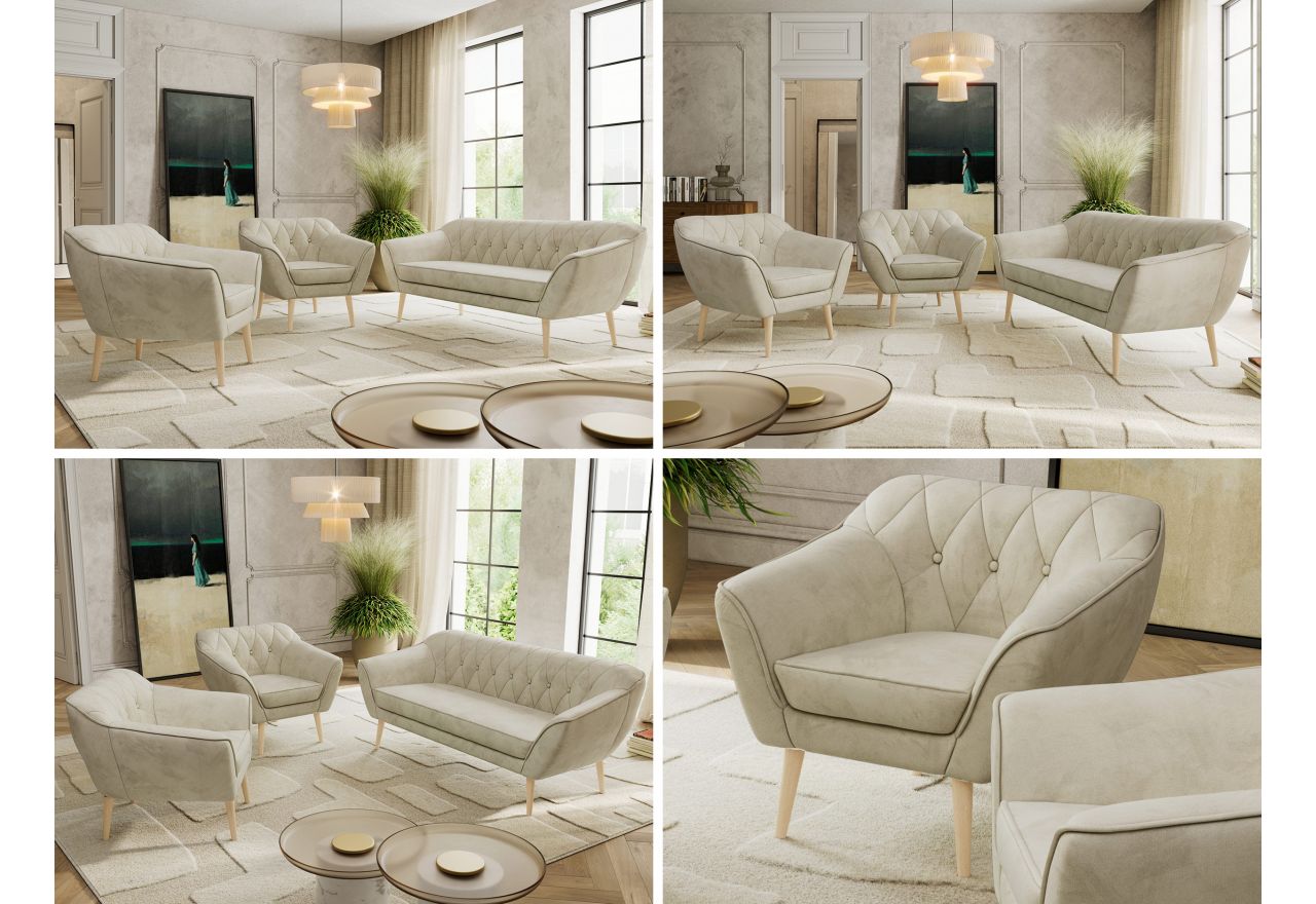 Zestaw PIRS 3+1+1 - kremowy, welwet - nóżki,  buk