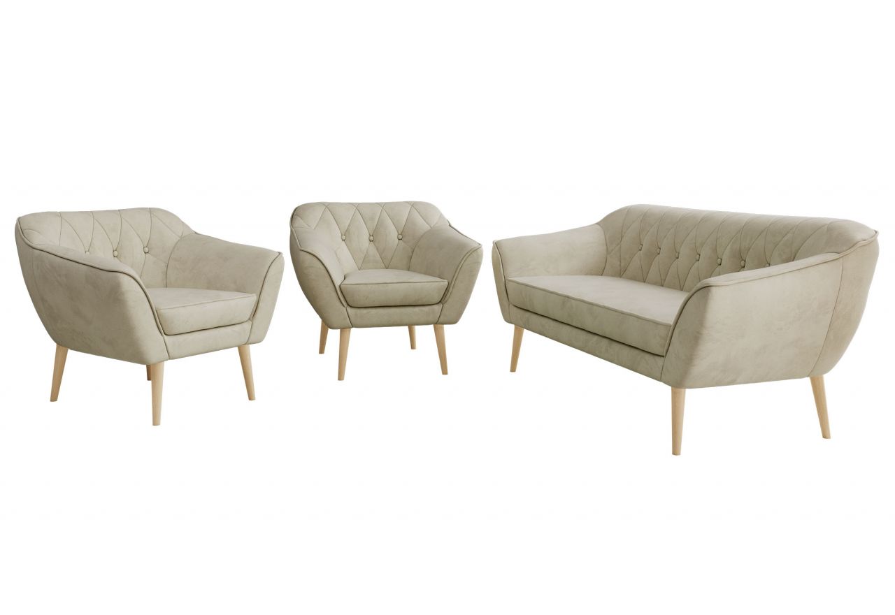 Zestaw PIRS 3+1+1 - kremowy, welwet - nóżki,  buk