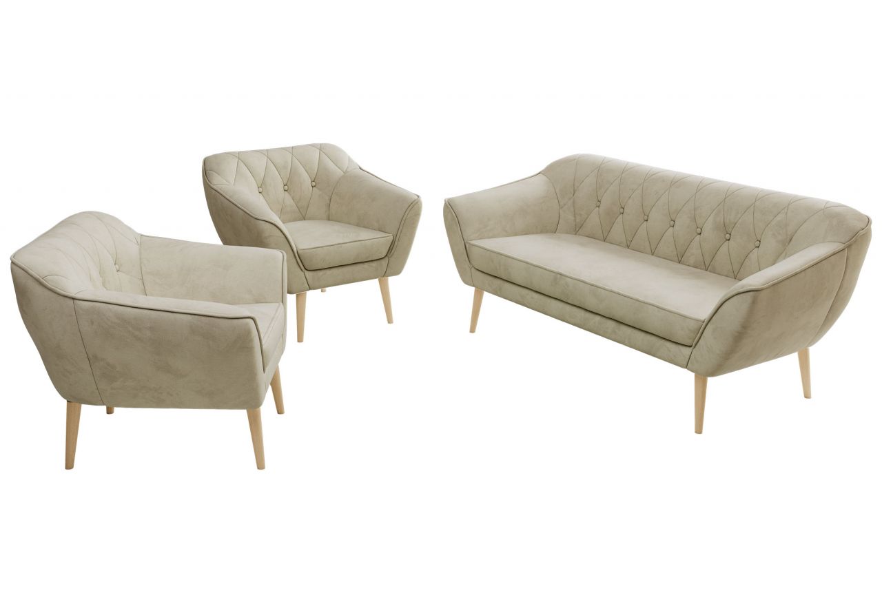 Zestaw PIRS 3+1+1 - kremowy, welwet - nóżki,  buk