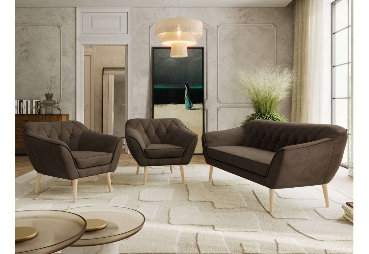 Zestaw PIRS 3+1+1 - brązowy, welwet - nóżki,  buk