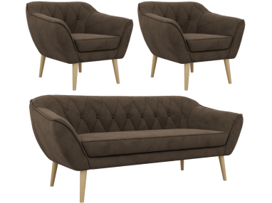 Zestaw PIRS 3+1+1 - brązowy, welwet - nóżki,  buk