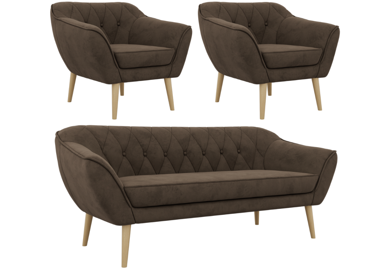 Zestaw PIRS 3+1+1 - brązowy, welwet - nóżki,  buk