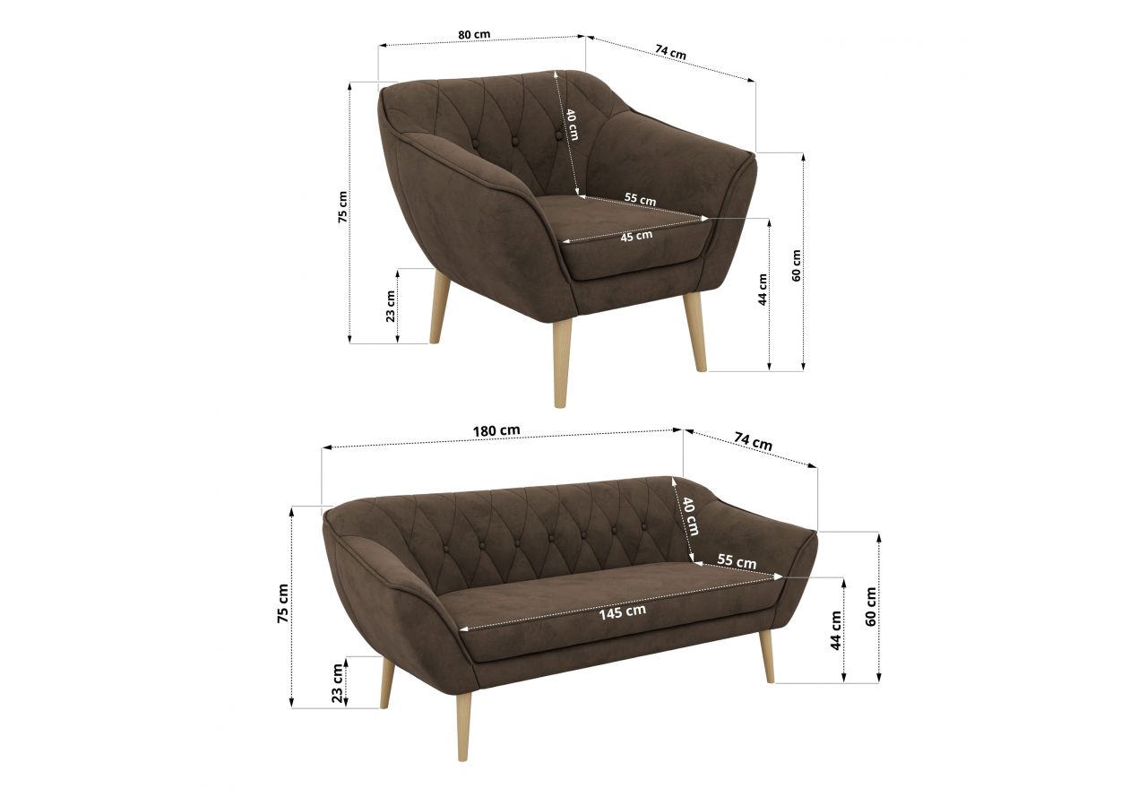 Zestaw PIRS 3+1+1 - brązowy, welwet - nóżki,  buk