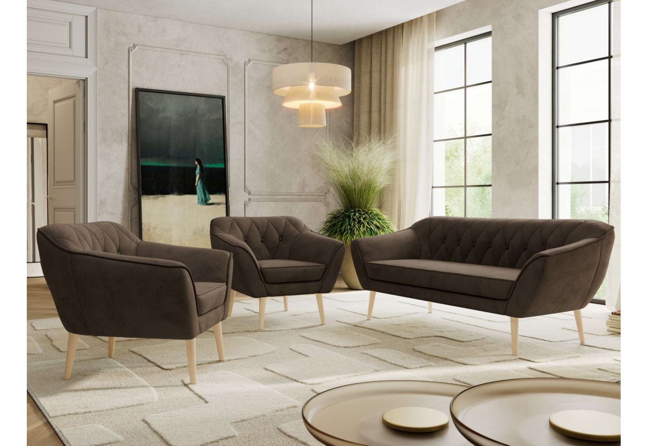 Zestaw PIRS 3+1+1 - brązowy, welwet - nóżki,  buk