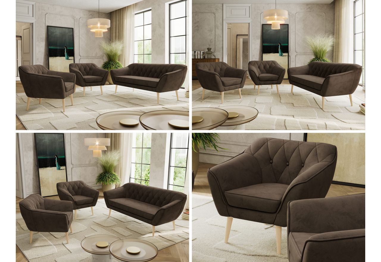 Zestaw PIRS 3+1+1 - brązowy, welwet - nóżki,  buk