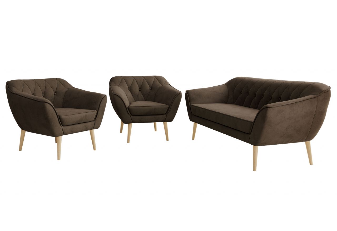 Zestaw PIRS 3+1+1 - brązowy, welwet - nóżki,  buk