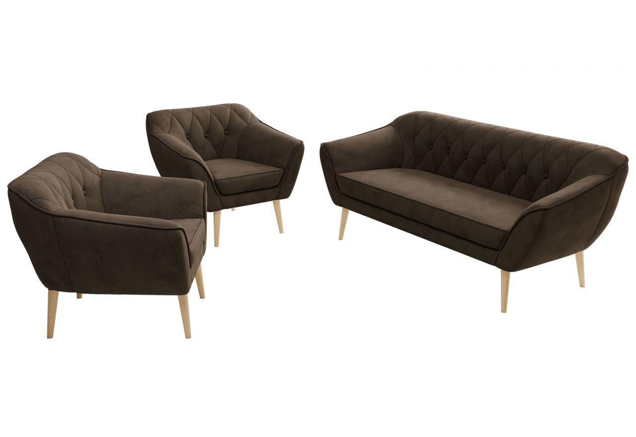 Zestaw PIRS 3+1+1 - brązowy, welwet - nóżki,  buk