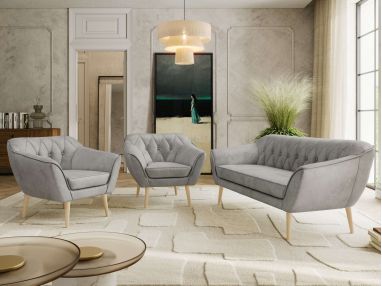 Zestaw PIRS 3+1+1 - jasnoszary, welwet - nóżki,  buk