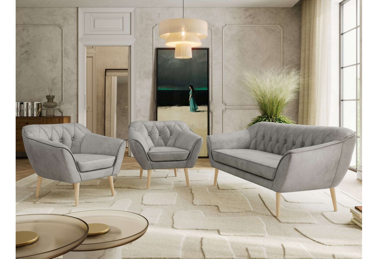 Zestaw PIRS 3+1+1 - jasnoszary, welwet - nóżki,  buk