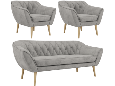 Zestaw PIRS 3+1+1 - jasnoszary, welwet - nóżki,  buk