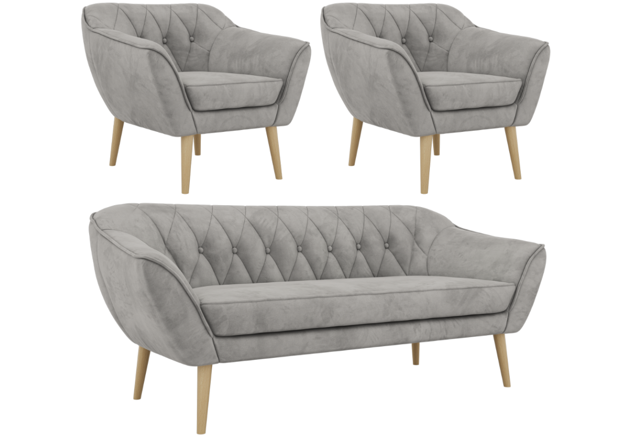 Zestaw PIRS 3+1+1 - jasnoszary, welwet - nóżki,  buk