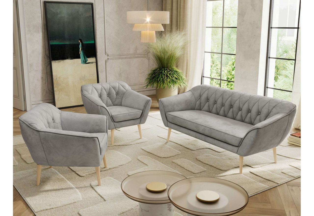 Zestaw PIRS 3+1+1 - jasnoszary, welwet - nóżki,  buk