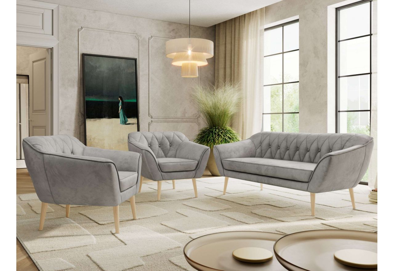 Zestaw PIRS 3+1+1 - jasnoszary, welwet - nóżki,  buk