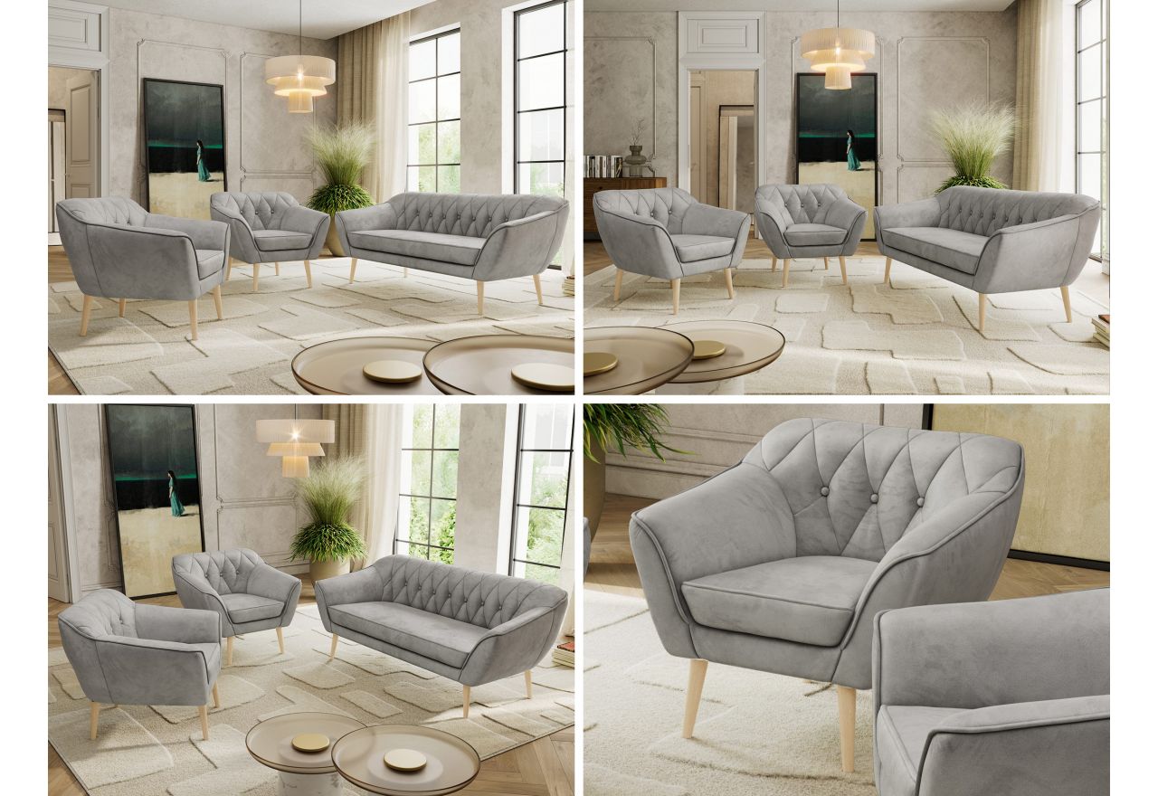 Zestaw PIRS 3+1+1 - jasnoszary, welwet - nóżki,  buk