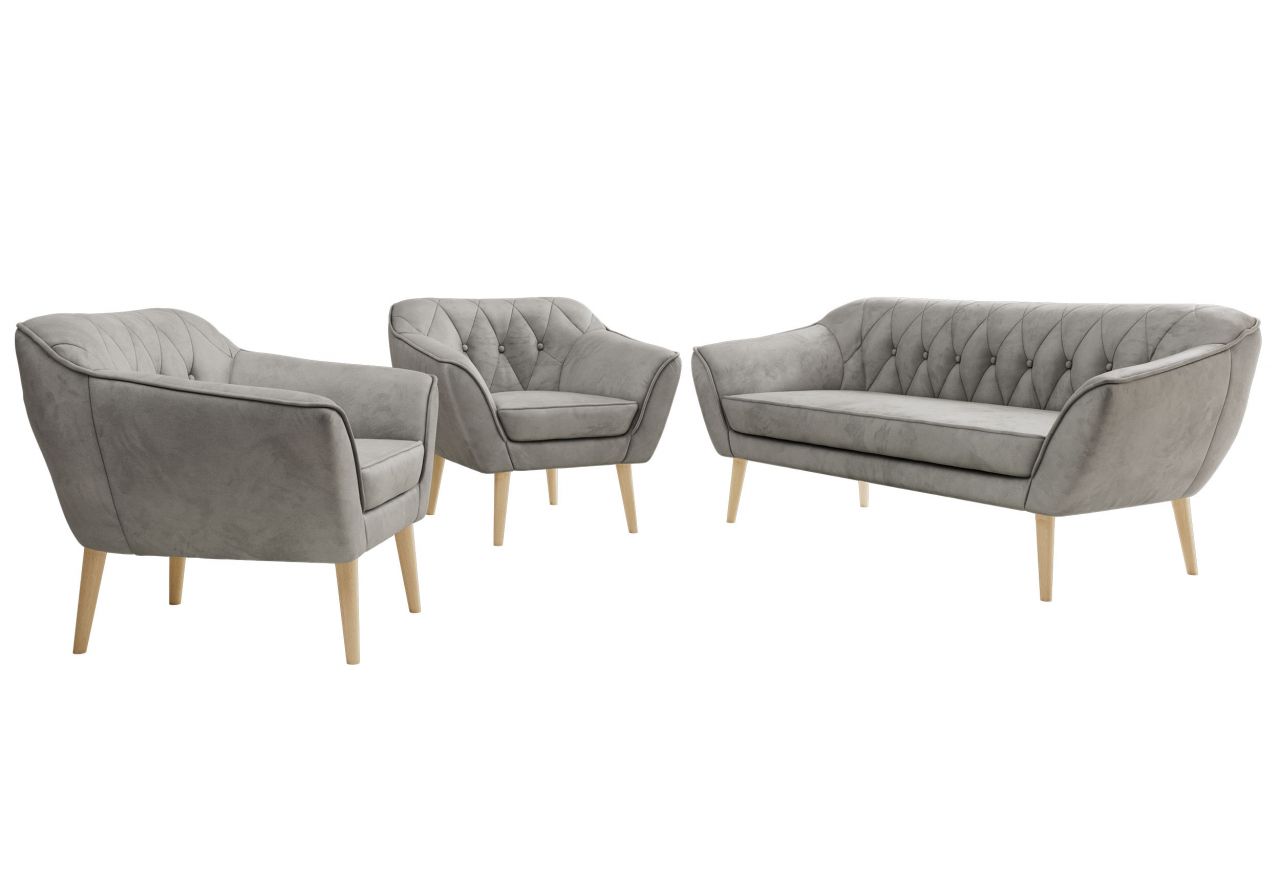 Zestaw PIRS 3+1+1 - jasnoszary, welwet - nóżki,  buk