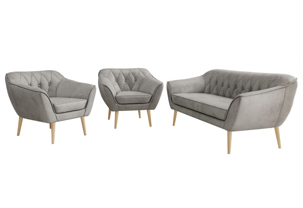 Zestaw PIRS 3+1+1 - jasnoszary, welwet - nóżki,  buk