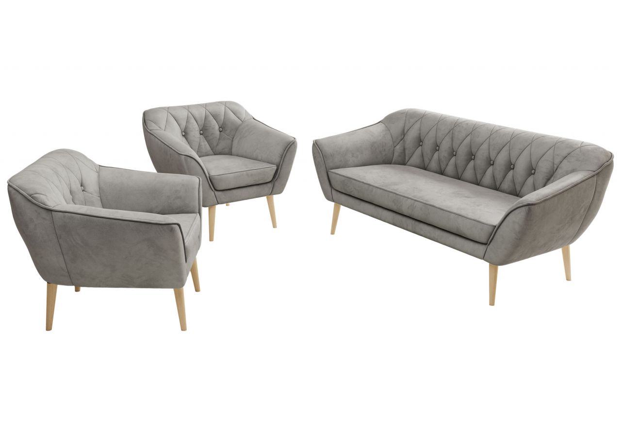 Zestaw PIRS 3+1+1 - jasnoszary, welwet - nóżki,  buk