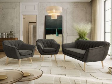 Zestaw PIRS 3+1+1 - ciemnoszary, welwet - nóżki,  buk