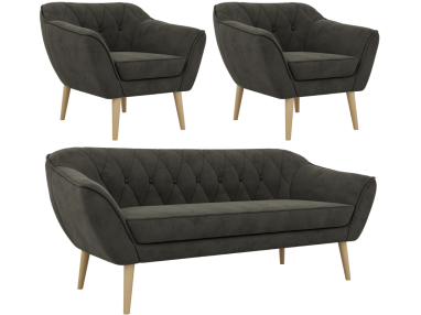 Zestaw PIRS 3+1+1 - ciemnoszary, welwet - nóżki,  buk