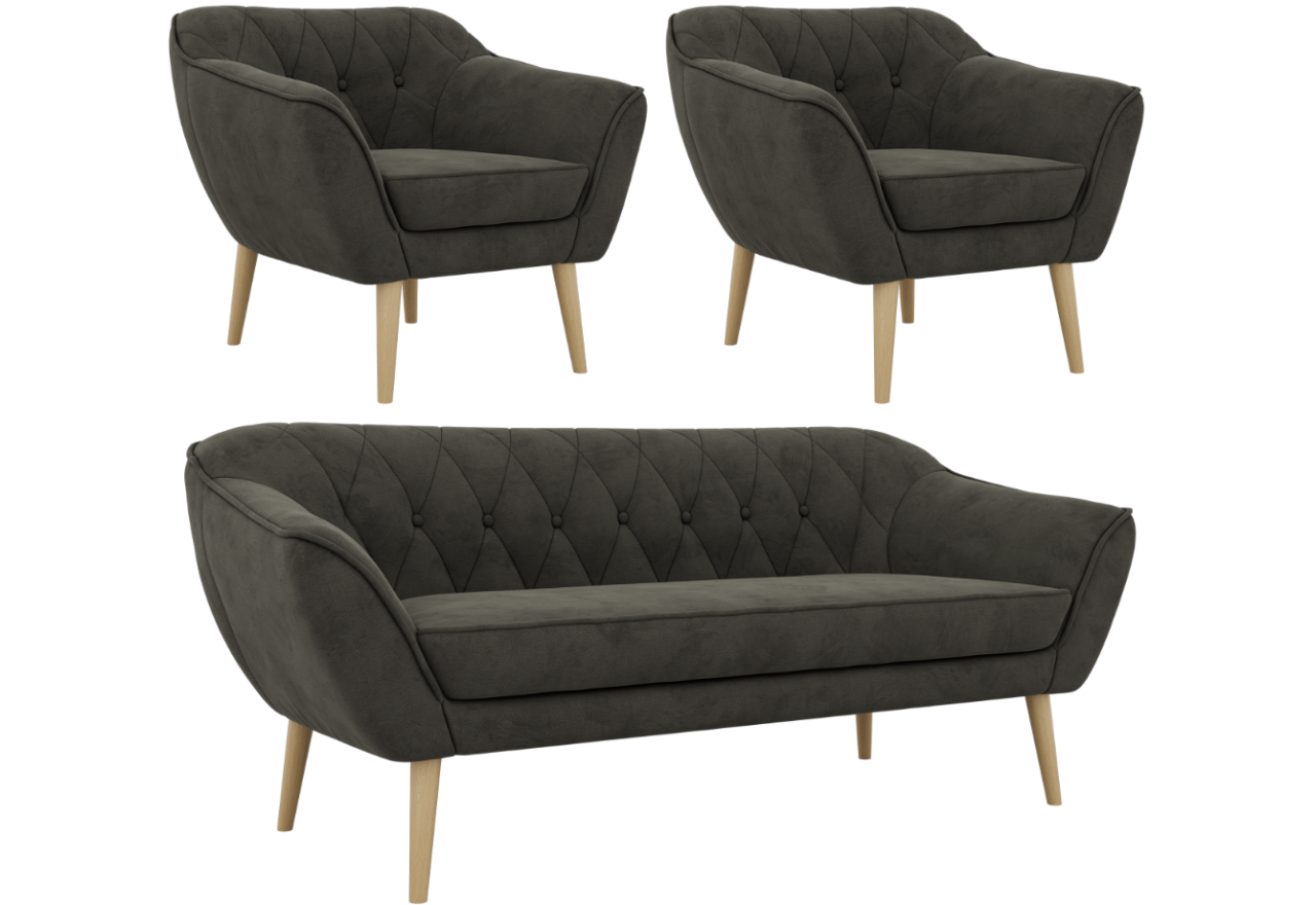 Zestaw PIRS 3+1+1 - ciemnoszary, welwet - nóżki,  buk