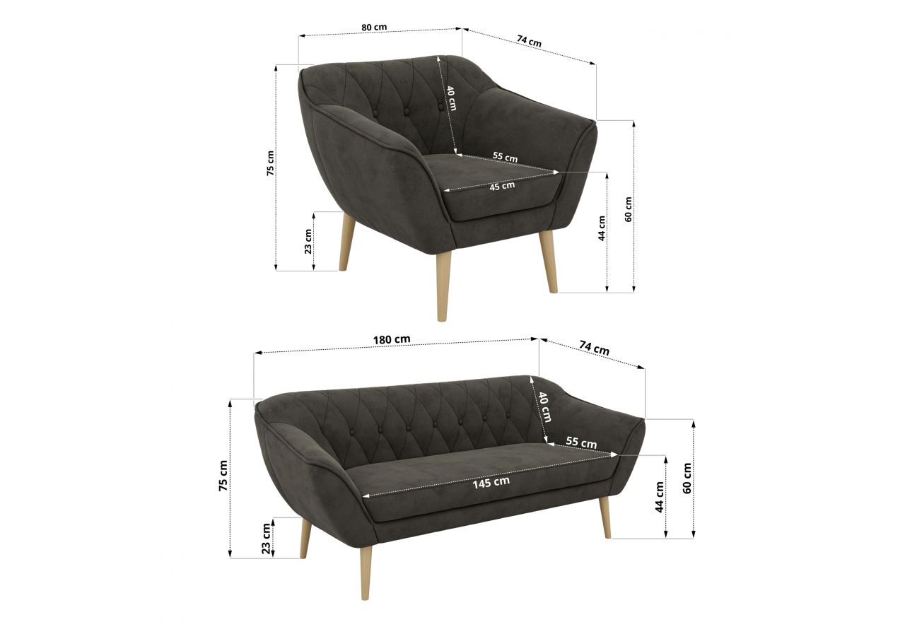 Zestaw PIRS 3+1+1 - ciemnoszary, welwet - nóżki,  buk