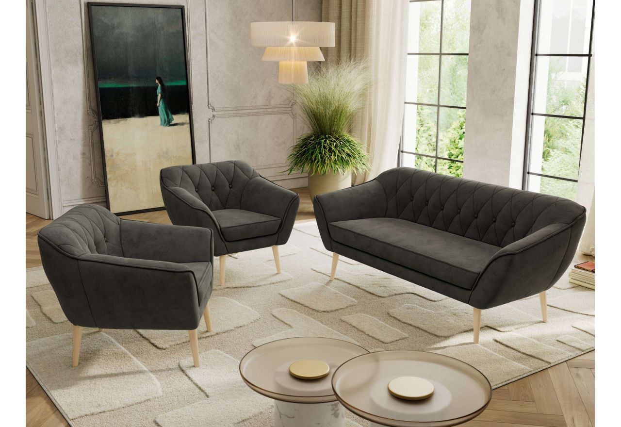 Zestaw PIRS 3+1+1 - ciemnoszary, welwet - nóżki,  buk