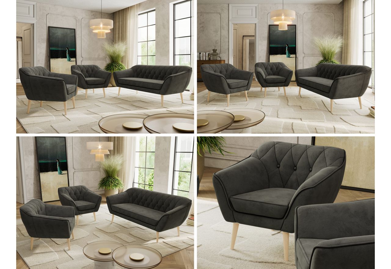 Zestaw PIRS 3+1+1 - ciemnoszary, welwet - nóżki,  buk