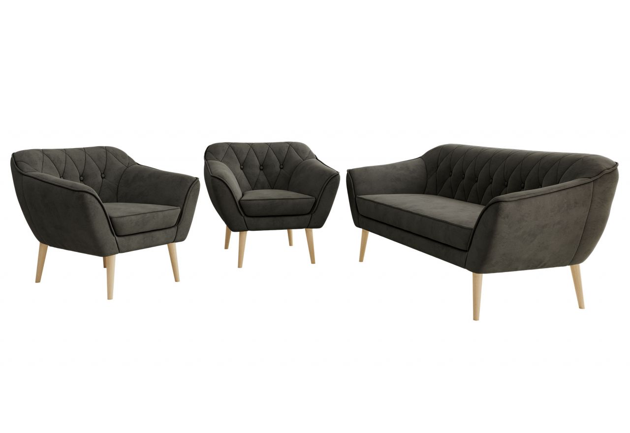 Zestaw PIRS 3+1+1 - ciemnoszary, welwet - nóżki,  buk