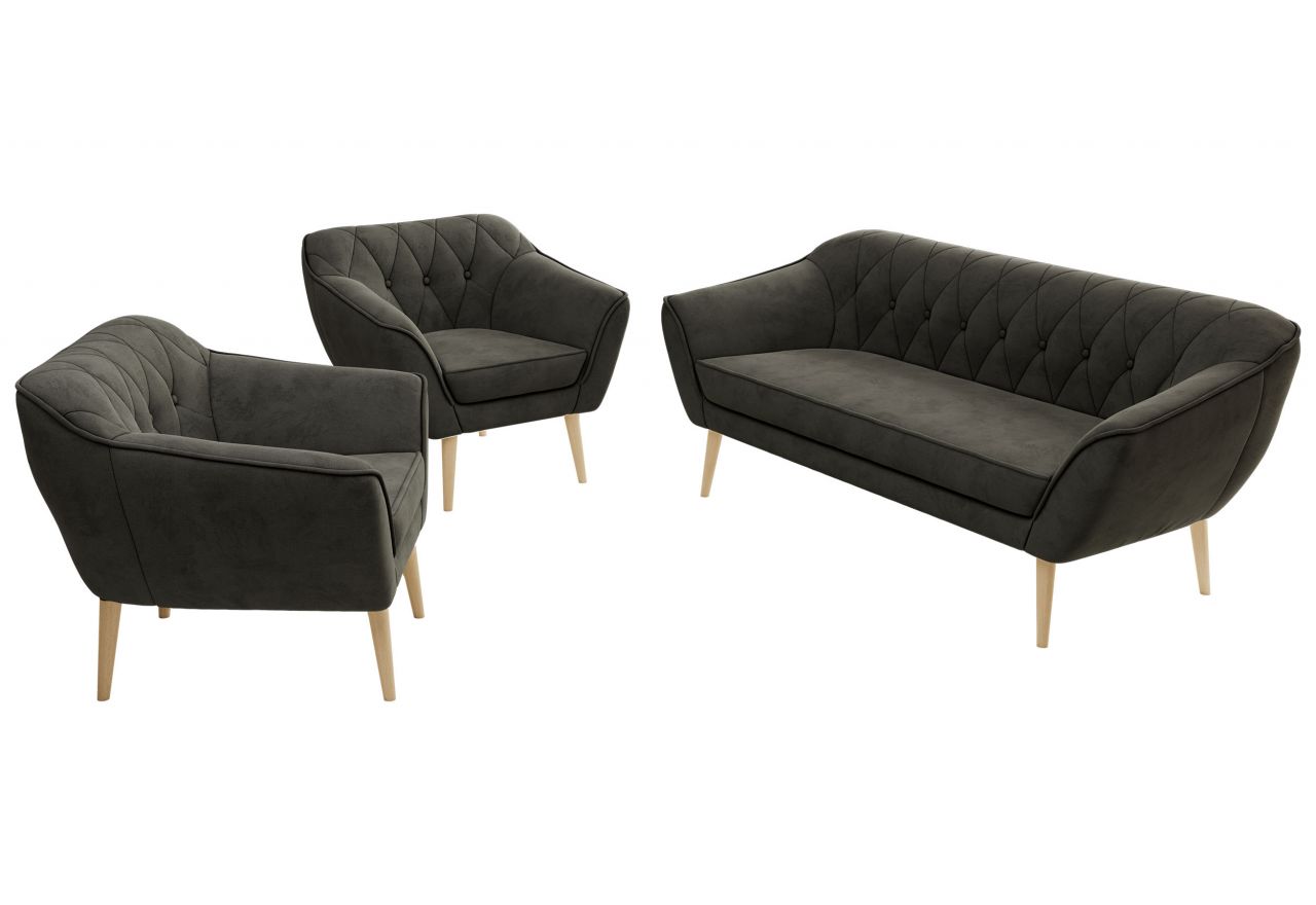 Zestaw PIRS 3+1+1 - ciemnoszary, welwet - nóżki,  buk