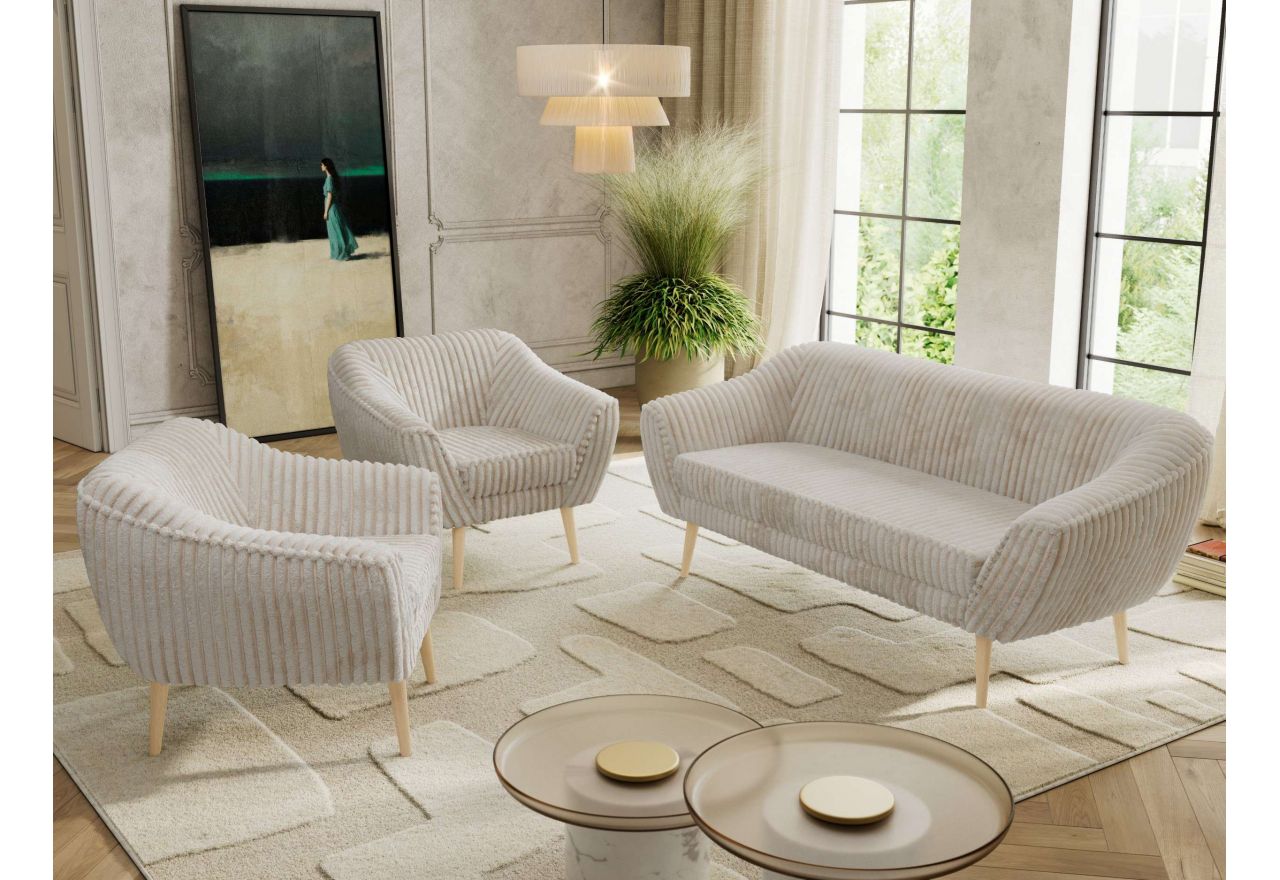 Zestaw PIRS 3+1+1 - beżowy, sztruks - nóżki,  buk