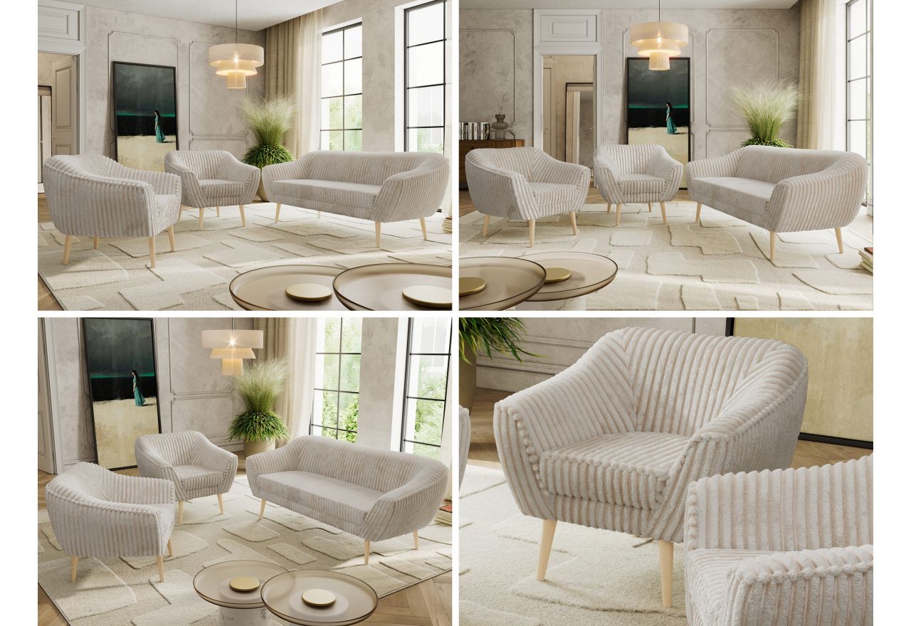 Zestaw PIRS 3+1+1 - beżowy, sztruks - nóżki,  buk