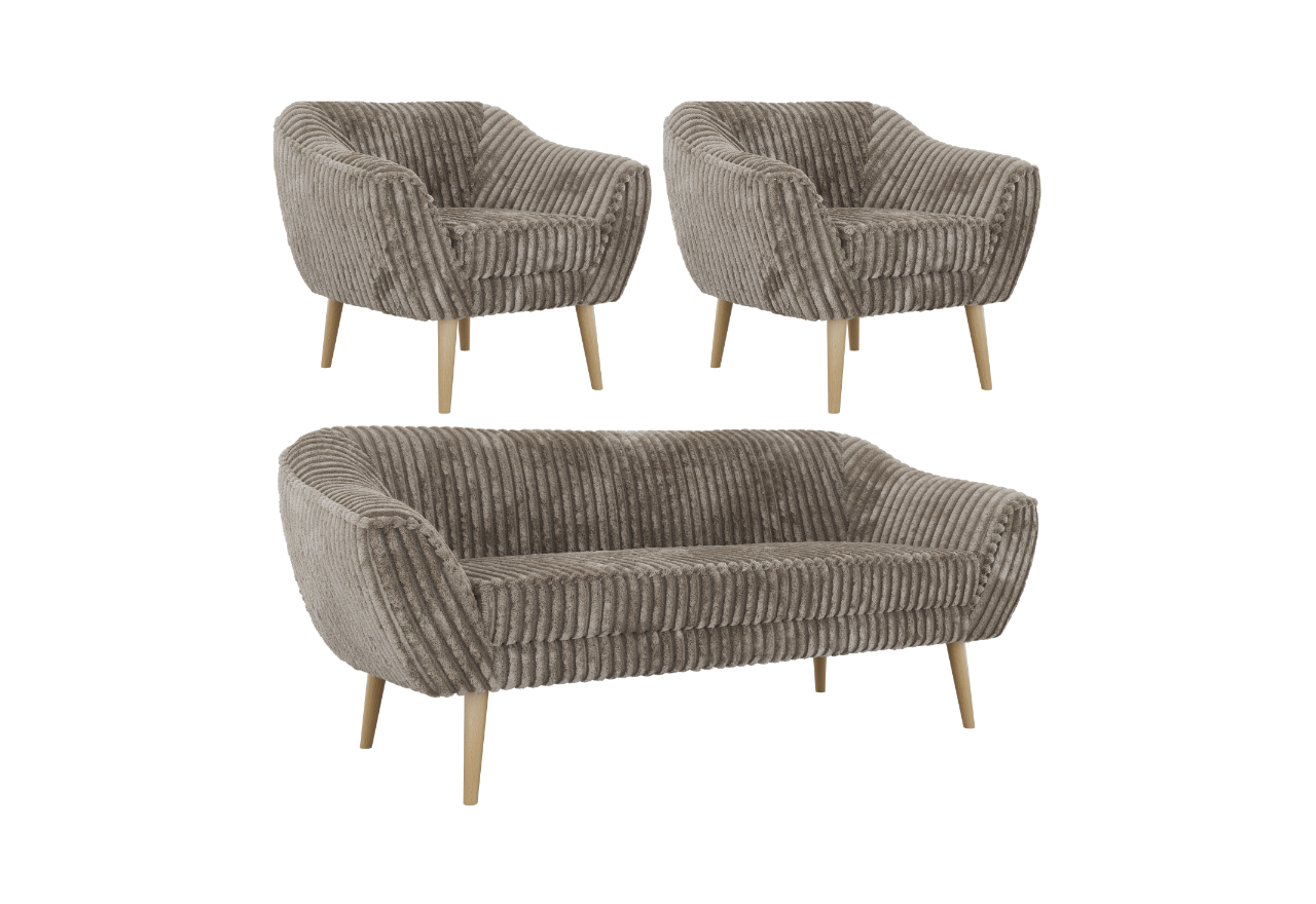 Zestaw PIRS 3+1+1 - jasnobrązowy, sztruks - nóżki,  buk