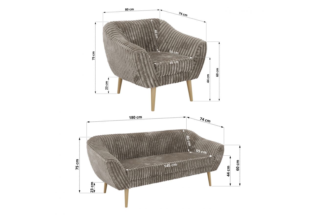 Zestaw PIRS 3+1+1 - jasnobrązowy, sztruks - nóżki,  buk