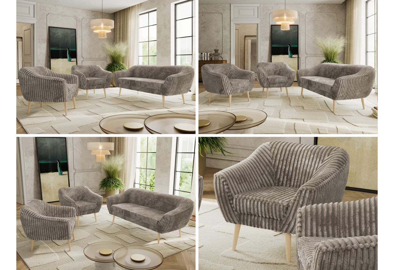 Zestaw PIRS 3+1+1 - jasnobrązowy, sztruks - nóżki,  buk