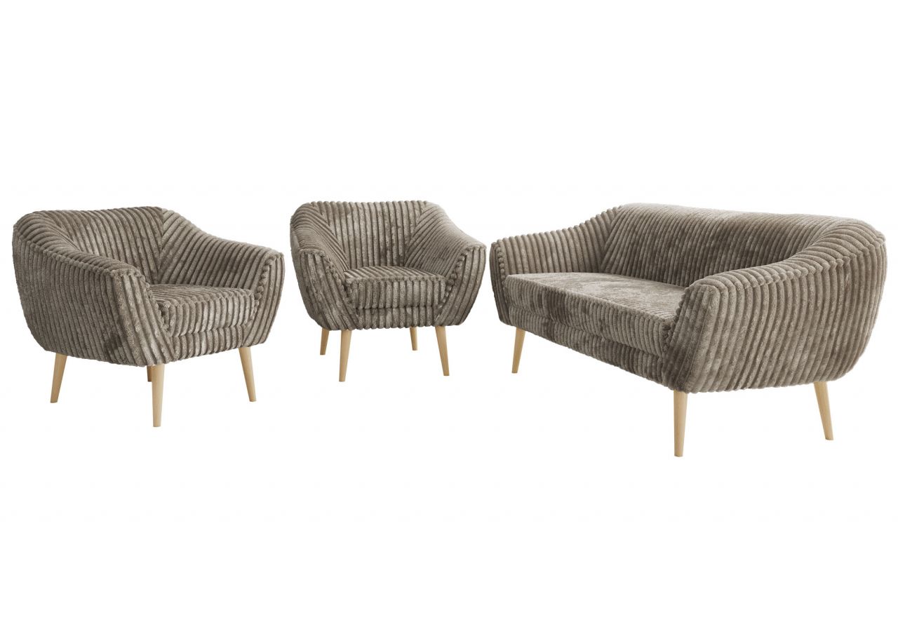 Zestaw PIRS 3+1+1 - jasnobrązowy, sztruks - nóżki,  buk