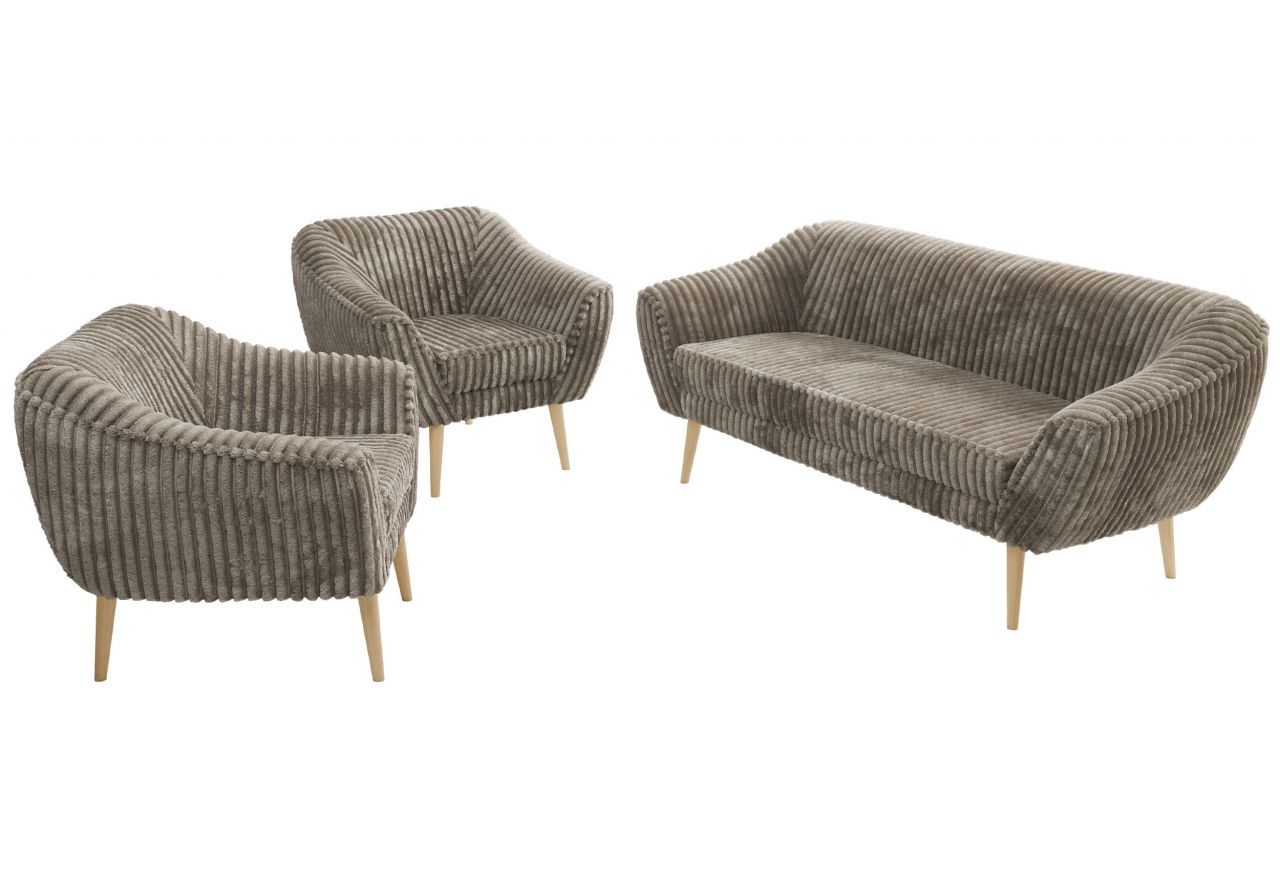 Zestaw PIRS 3+1+1 - jasnobrązowy, sztruks - nóżki,  buk